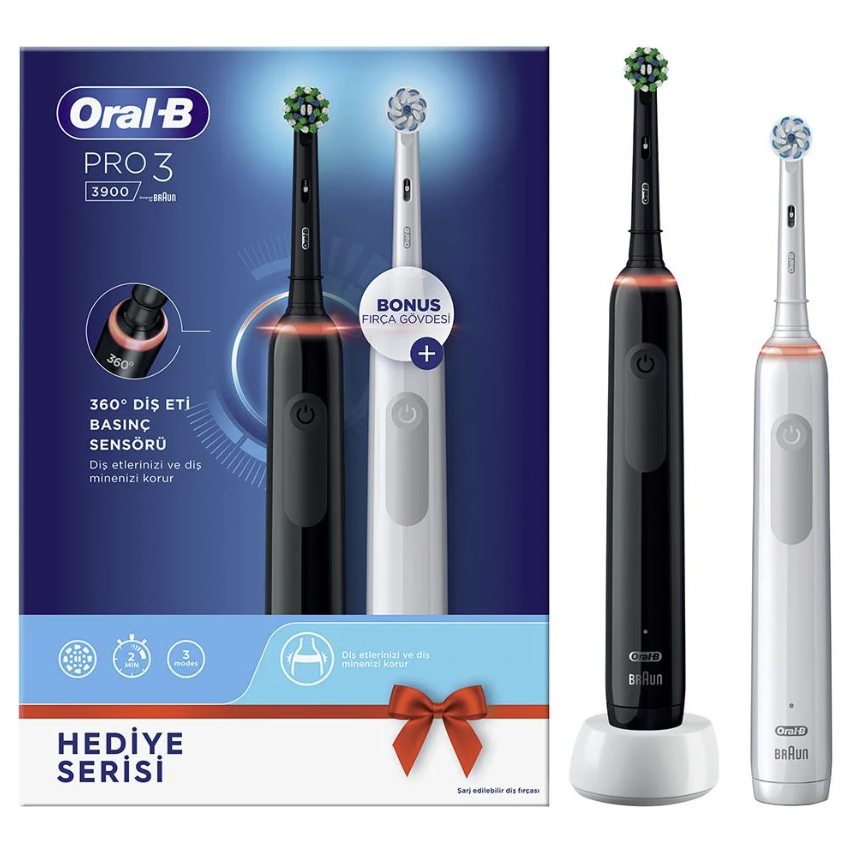 Oral B Pro3 3900 Serisi Şarjlı Diş Fırçası 2'li Avantaj Paketi-Siyah/Beyaz