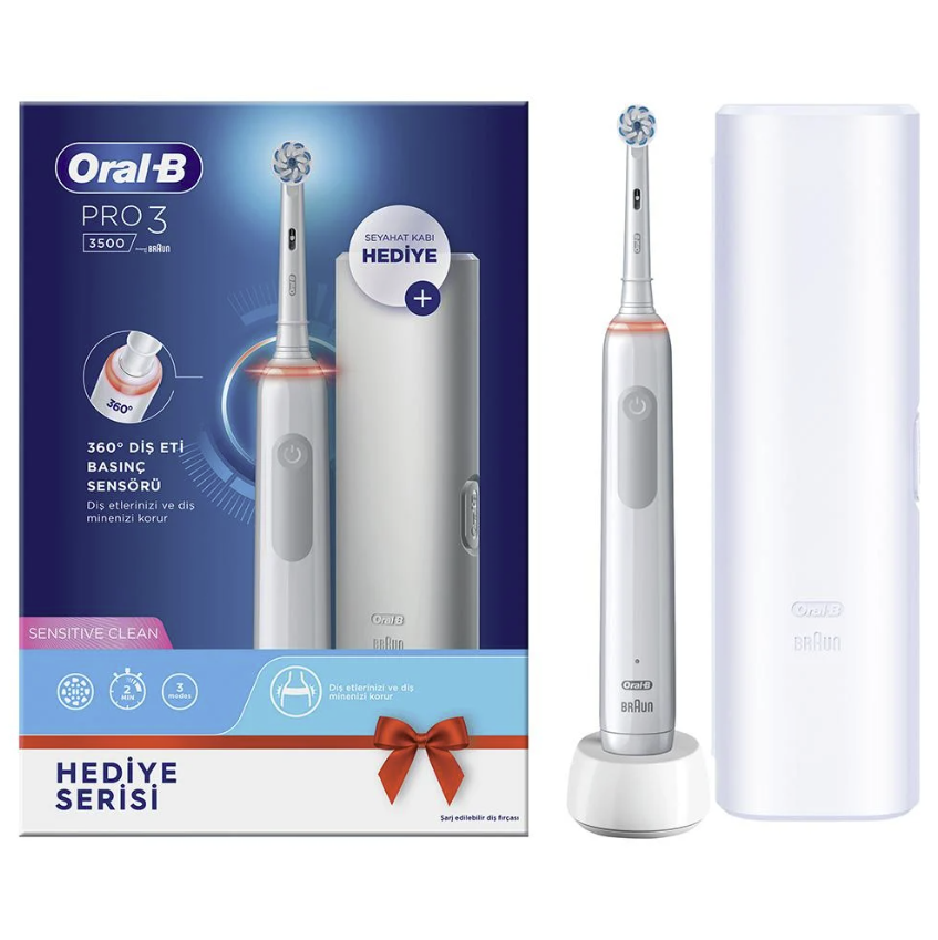 Oral B Pro 3 3500 Serisi Şarjlı Diş Fırçası (Beyaz) + Seyahat Kabı Hediyeli