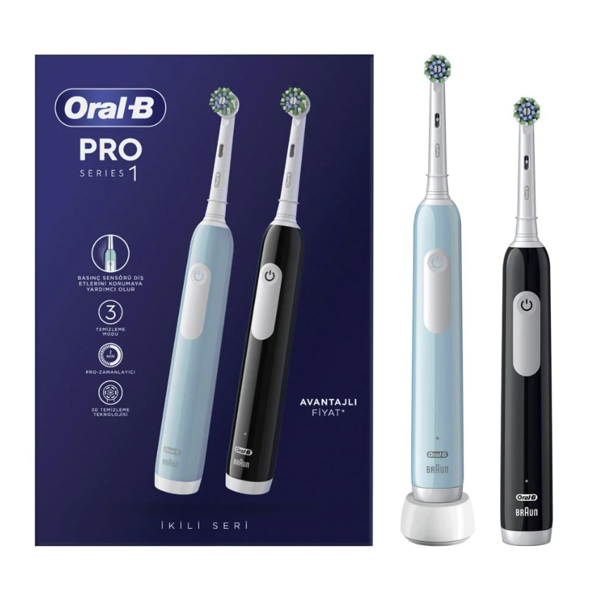 Oral B Pro 1 Serisi İkili Paket Siyah ve Mavi Şarj Edilebilir Diş Fırçası